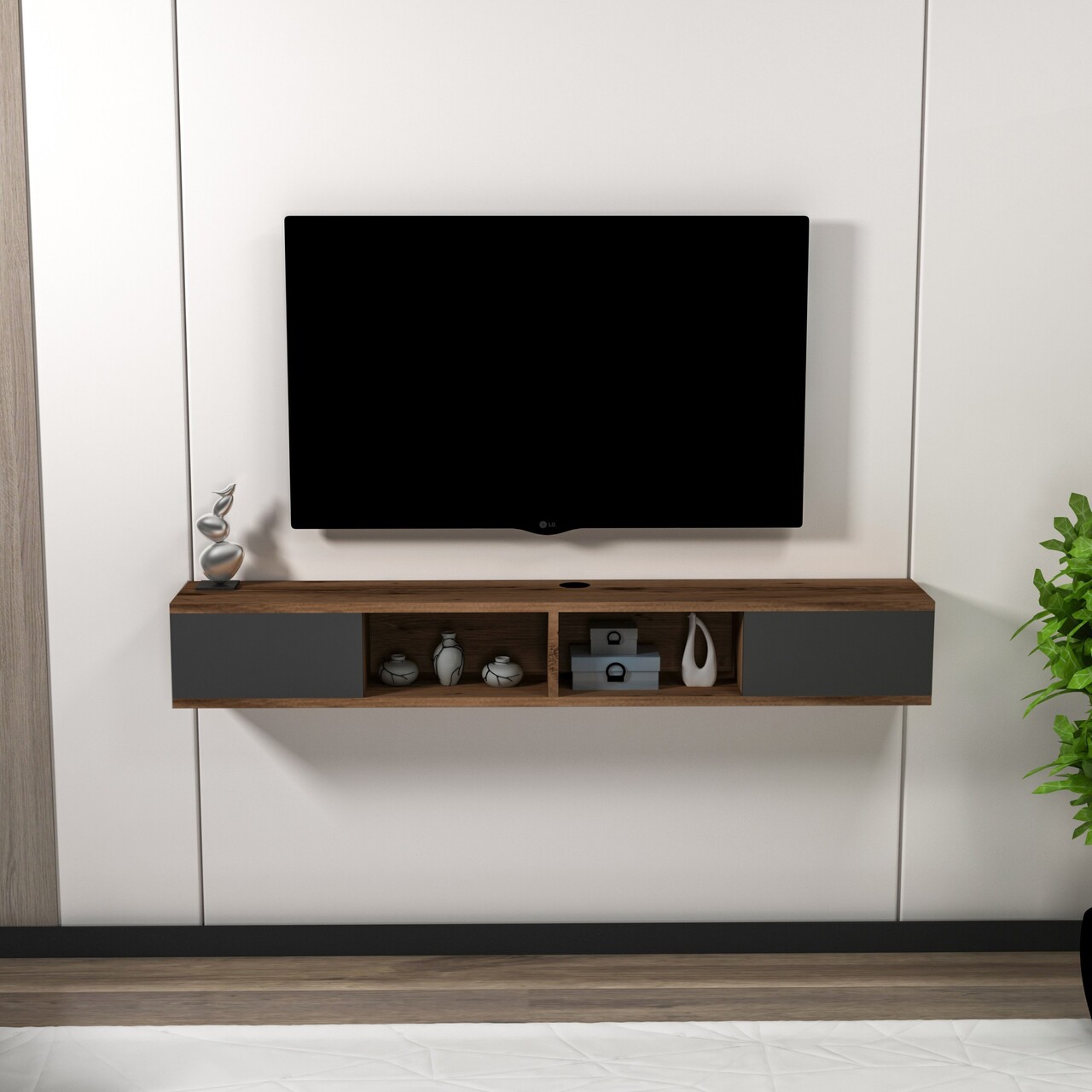 Comoda TV, Hanah Home, Mayer, 140x19.6x22 cm, Nuc deschis / Antracit - imagine 6